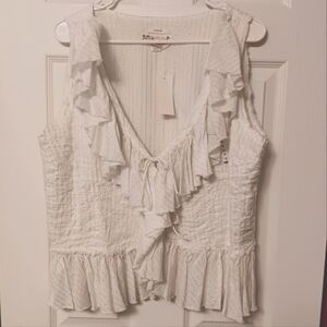 Old Navy White Cotton W/ Silver‎ Thread Ruffled Tie Front Sleeveless Peplum Top
